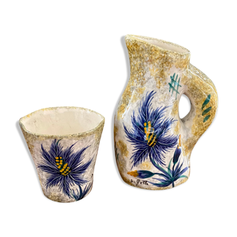 Ceramic pitcher and cup decorated with Vallauris thistles signs J.Yell