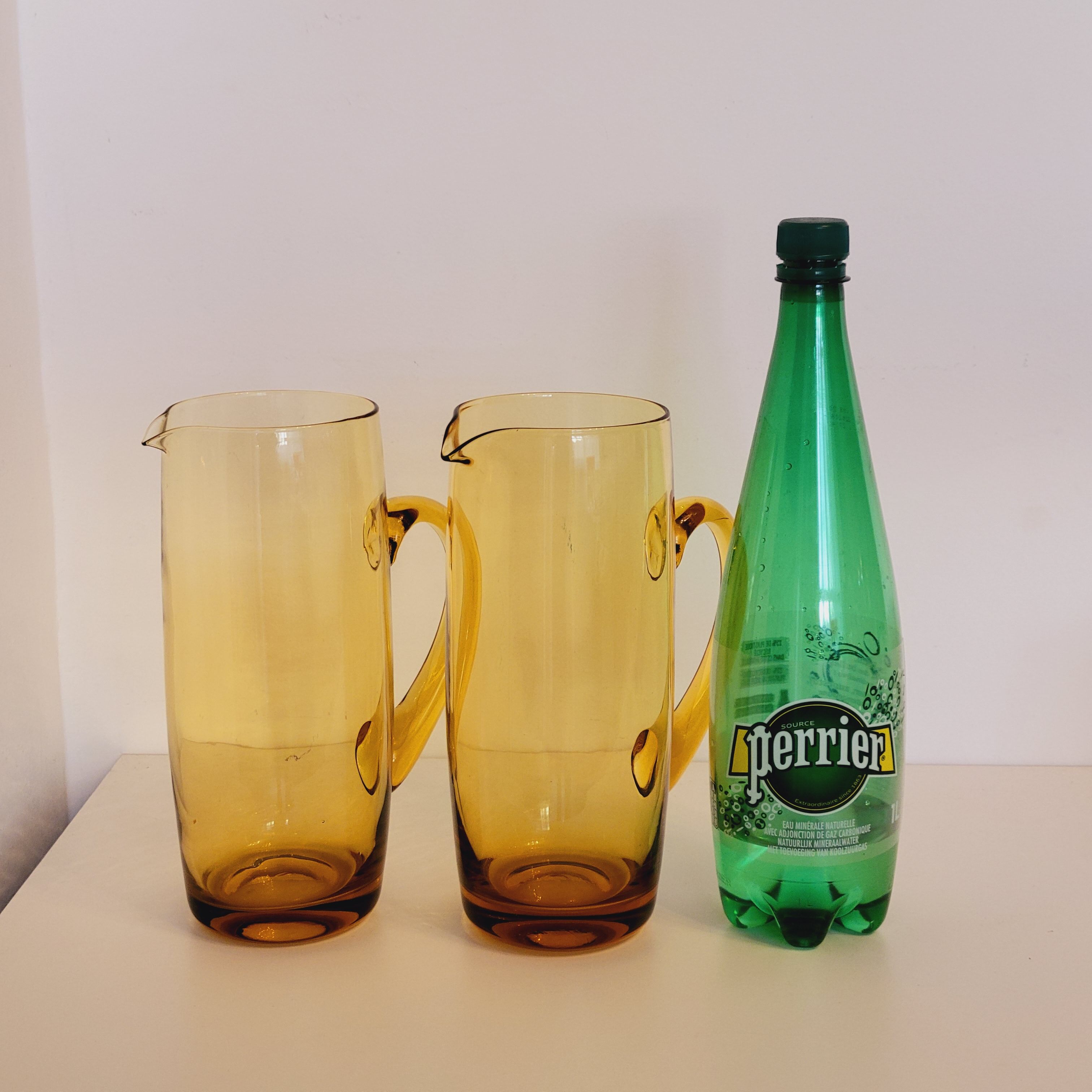2 carafes in vintage amber yellow blown glass