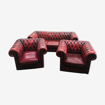 Chesterfield grenat canapé 3 places et 2 fauteuils