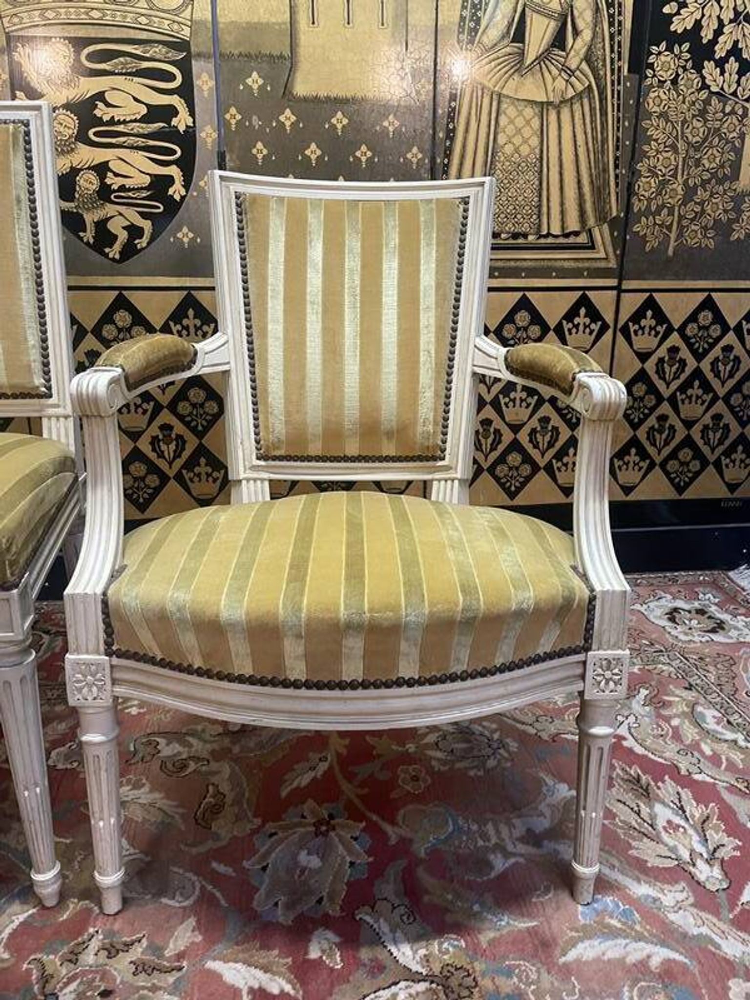 Pair of Louis XVI style cabriolet armchairs and Louis XVI chair