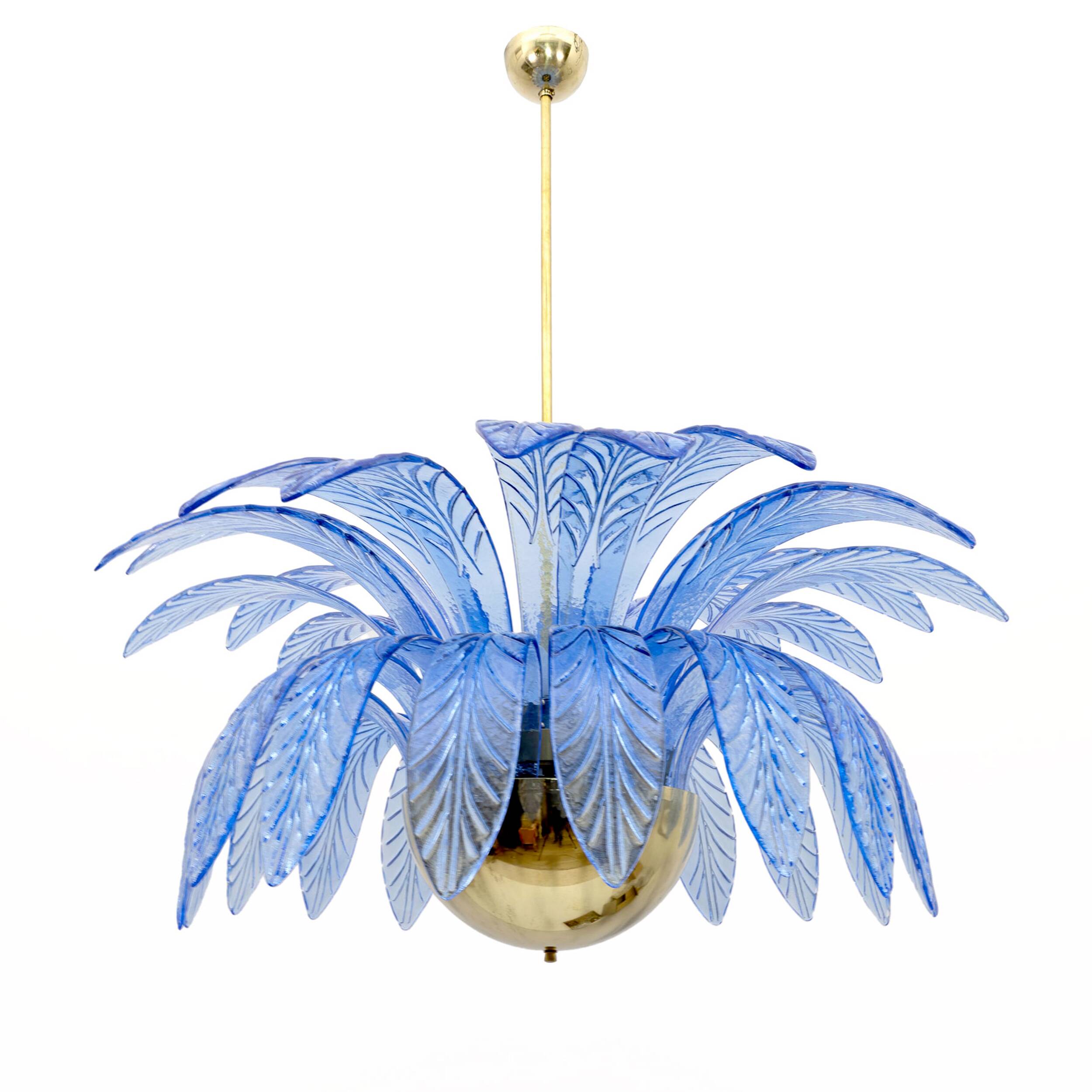 Mid-Century Modern Palm Leaves Big Chandelier Murano Glass and Brass