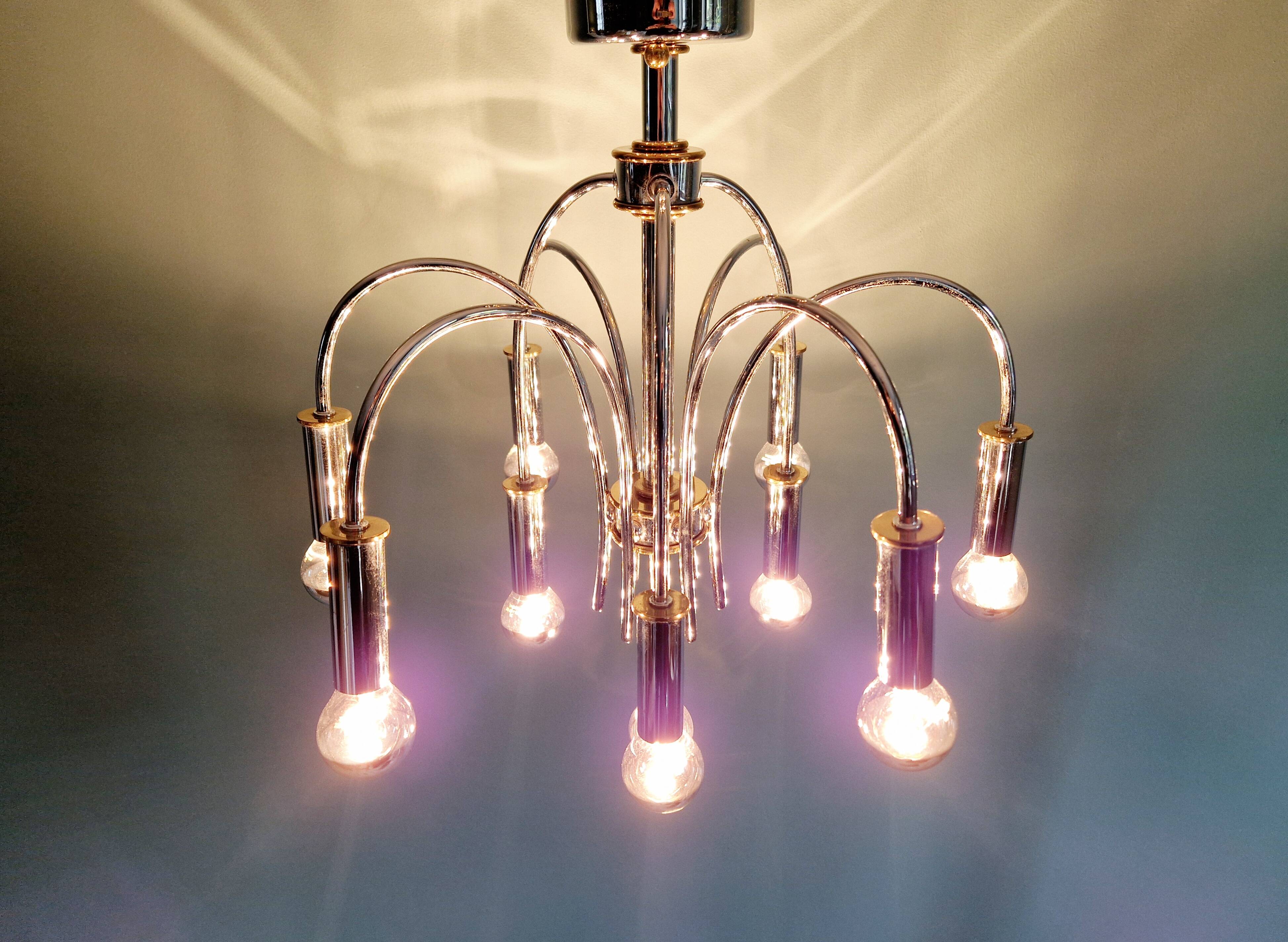 Lustre design en métal chromé et laiton, Schröder & Co, années 70