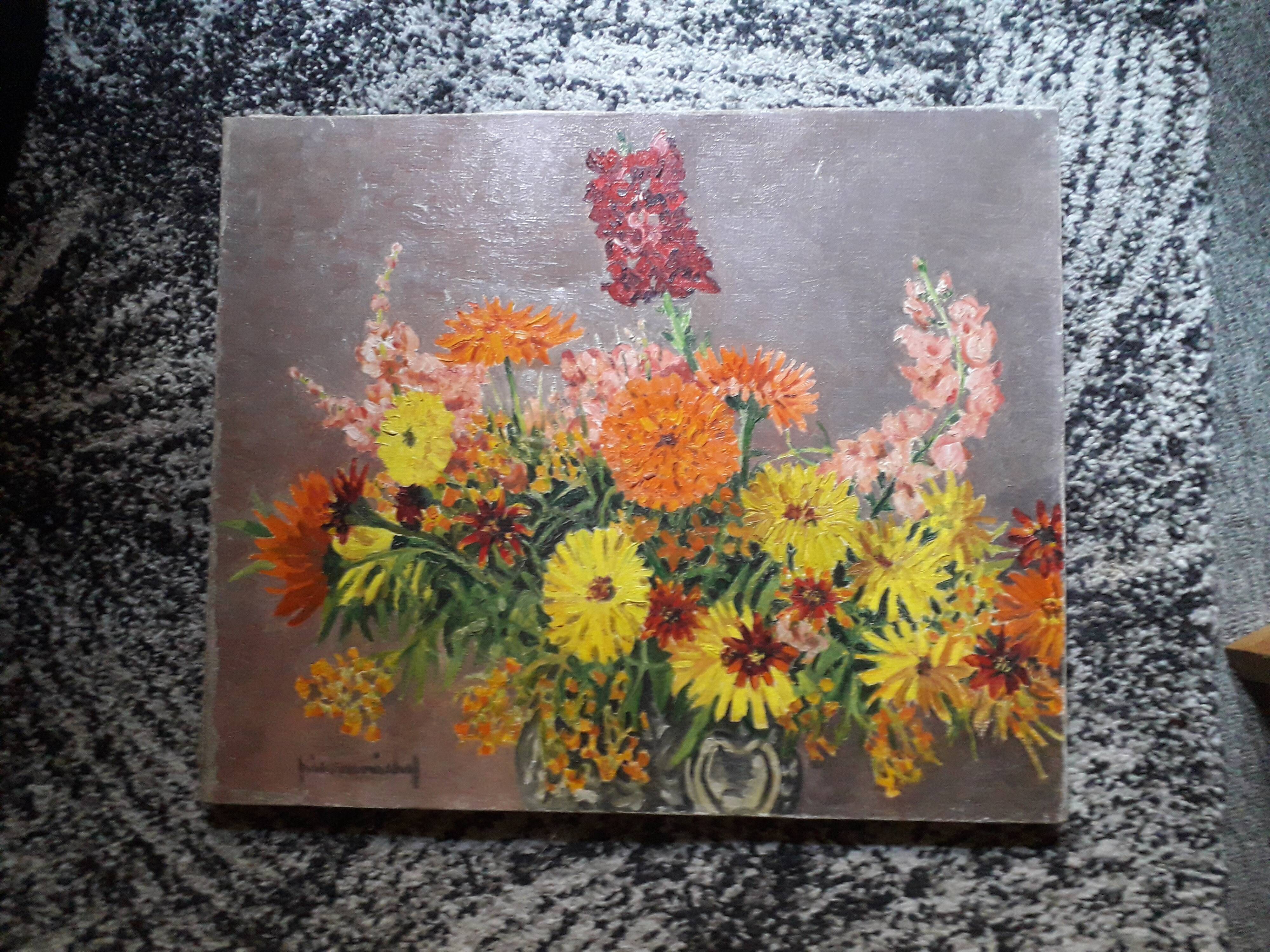 An old oil painting depicting a bouquet of flowers.