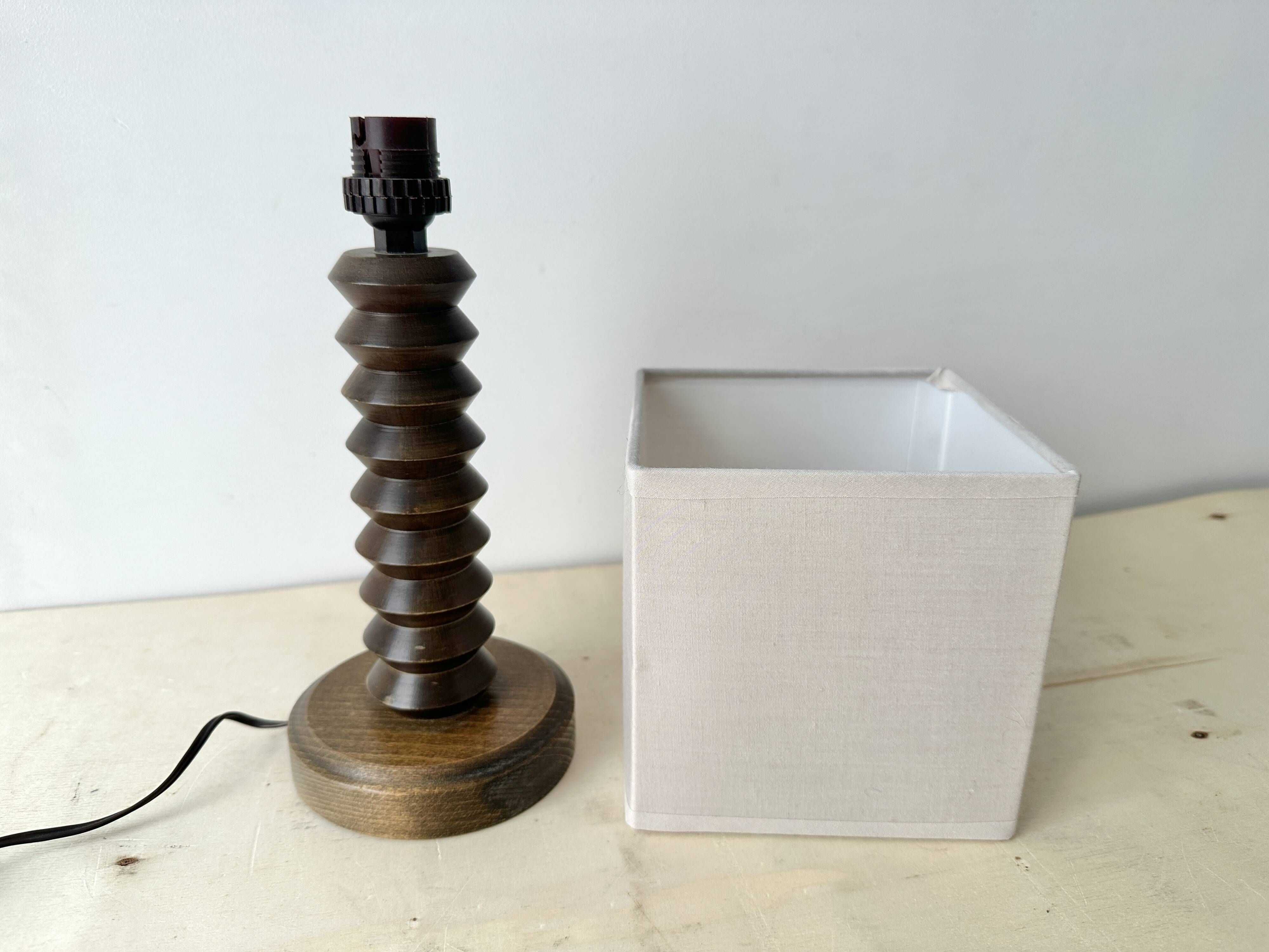 Rustic wooden turned lamp base from the 1950s, vintage rustic lighting.
