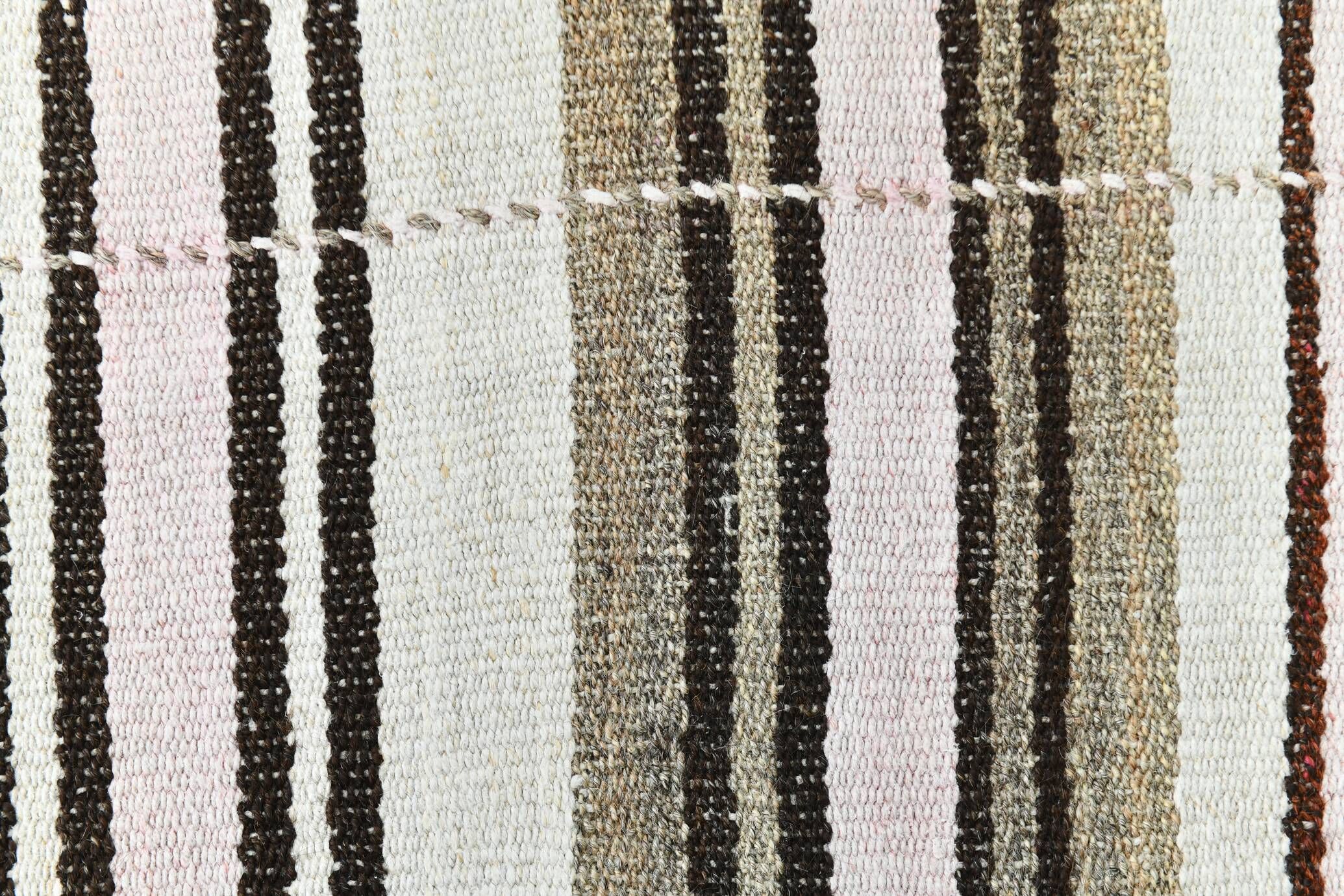 Kilim Turc Vintage Rayé Blanc et Brun, Tapis Bohème Tissé Main,175x220Cm
