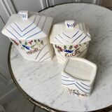 Trio of antique hand-painted ceramic pots (flour, sugar, coffee)