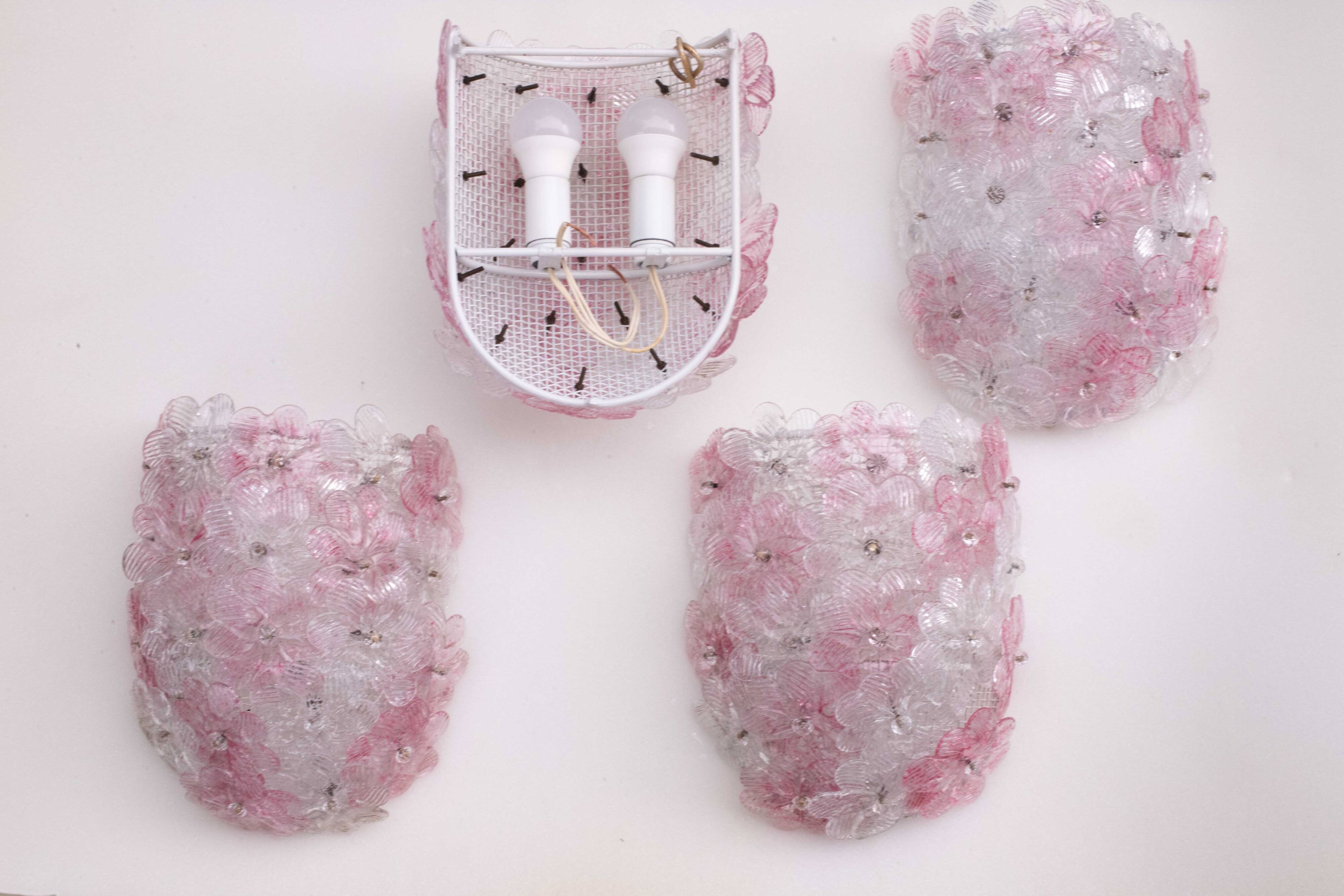 Set of 4 Murano Wall Light Pink Flower by Seguso, 1970