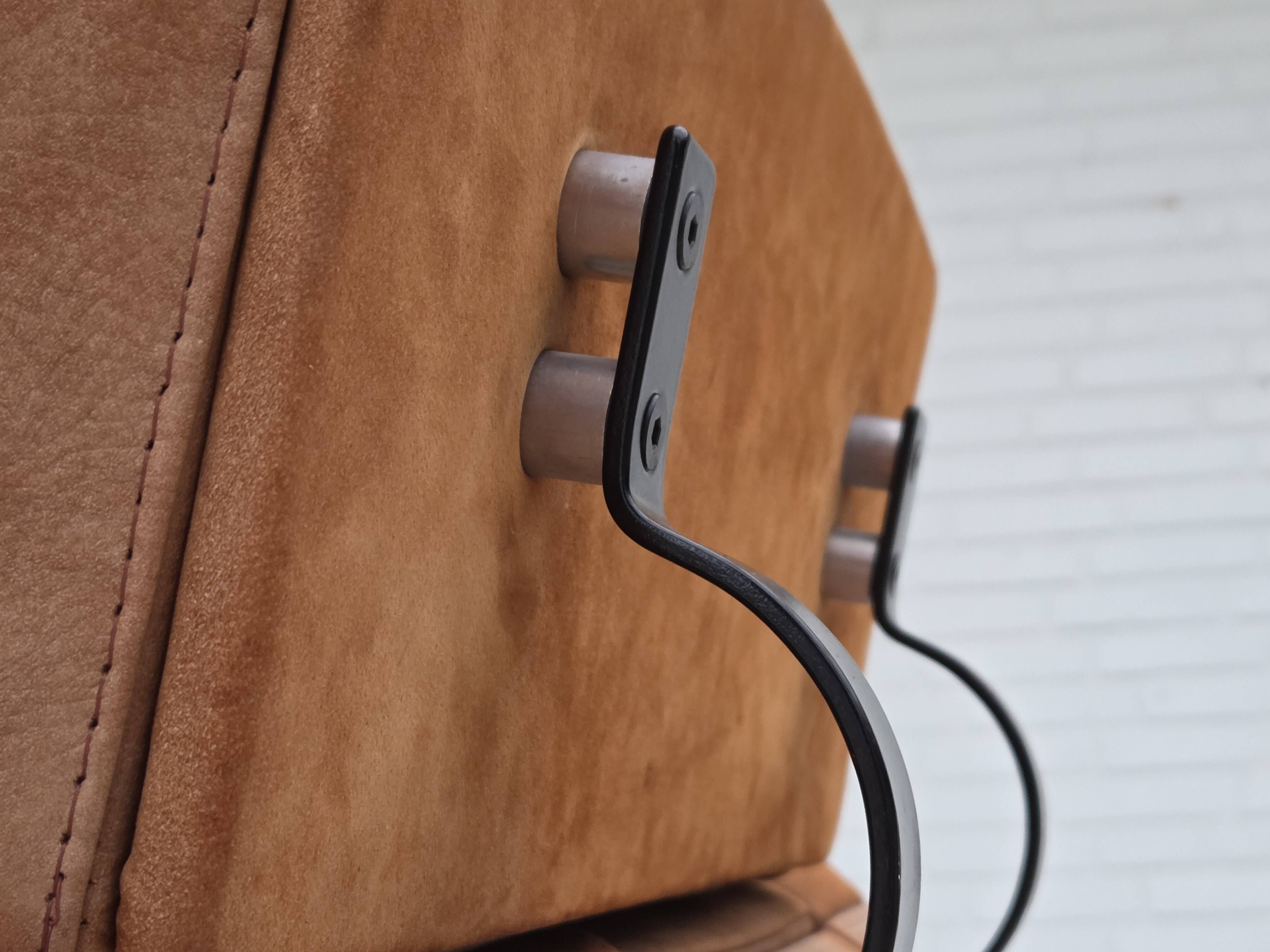 1980s, Swedish swivel armchair, nubuck leather, canvas, bent beech wood.