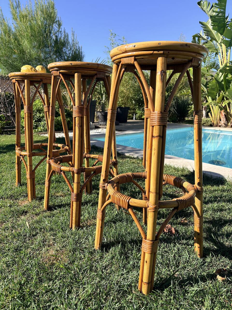 3 tabourets rotin vintage