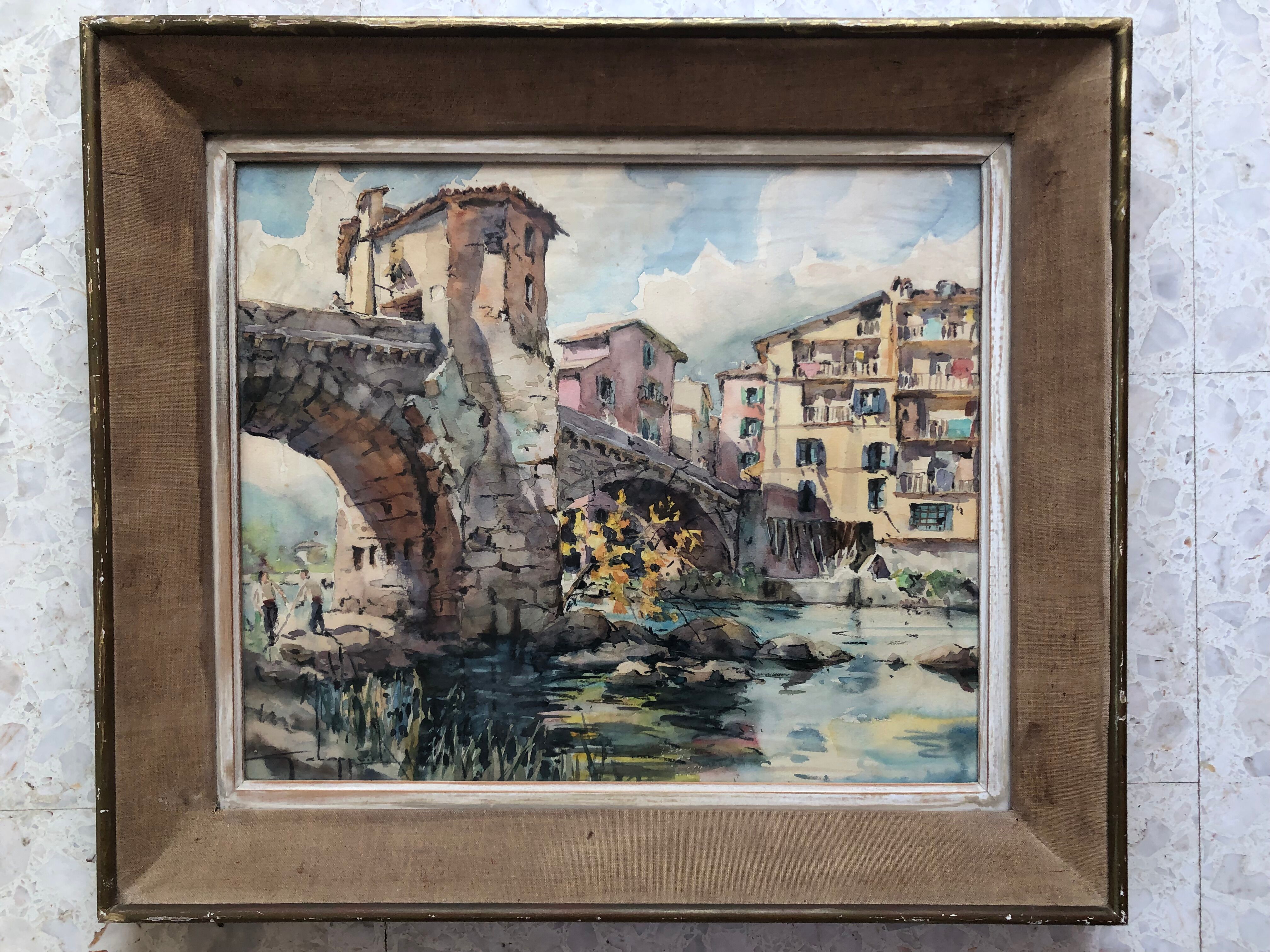 Watercolor bridge over the bevera in sospel by georges chappuis 1940, alpes maritimes 06, painting frame