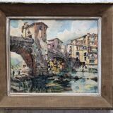 Watercolor bridge over the bevera in sospel by georges chappuis 1940, alpes maritimes 06, painting frame