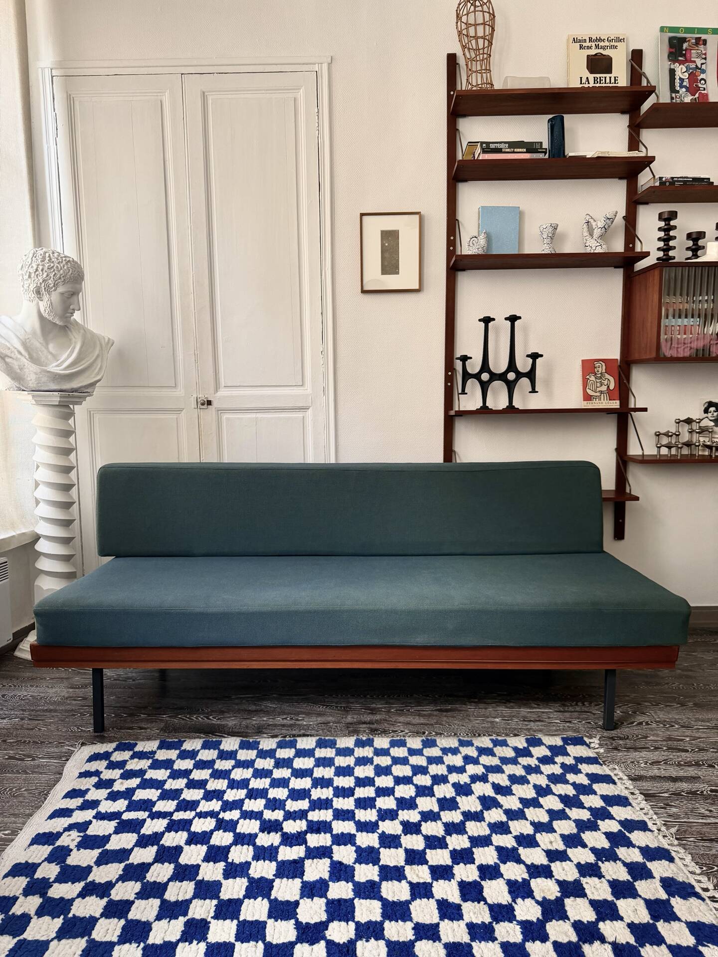 Vintage wooden sofa – modernist design, green mottled fabric