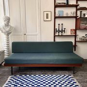 Vintage wooden sofa – modernist design, green patterned fabric