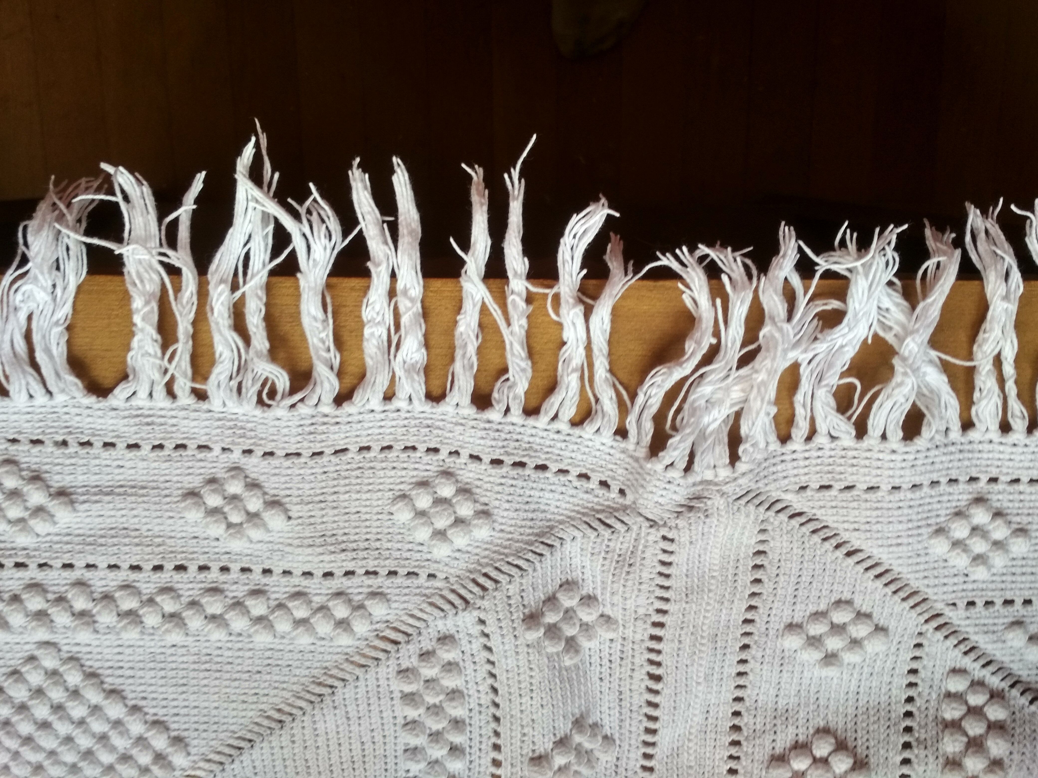 White cotton bed top, old crochet bed throw