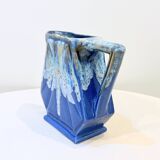 Large alpho fat lava art deco pitcher with blue ceramic handles 1930
