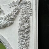 Louis XVI style fireplace mirror, carved wood trumeau with white and grey highlights, 18th century