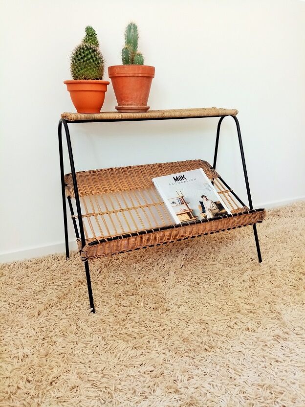 Magazines rack metal shelf and wicker years 50