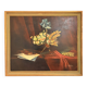Old painting still life feather violin book lamp flowers