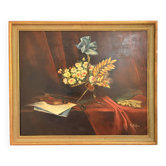 Old painting still life feather violin book lamp flowers