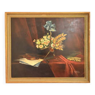 Old painting still life feather violin book lamp flowers