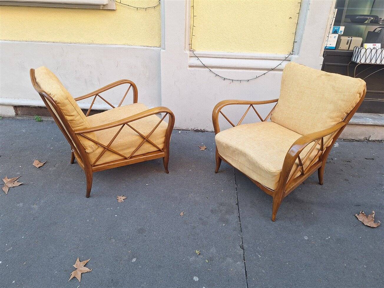 Armchairs in Wood and Yellow Fabric from Paolo Buffa, 1940s, Set of 2