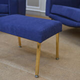 Pair of armchairs and ottoman vintage 1950 in blue velour and brass