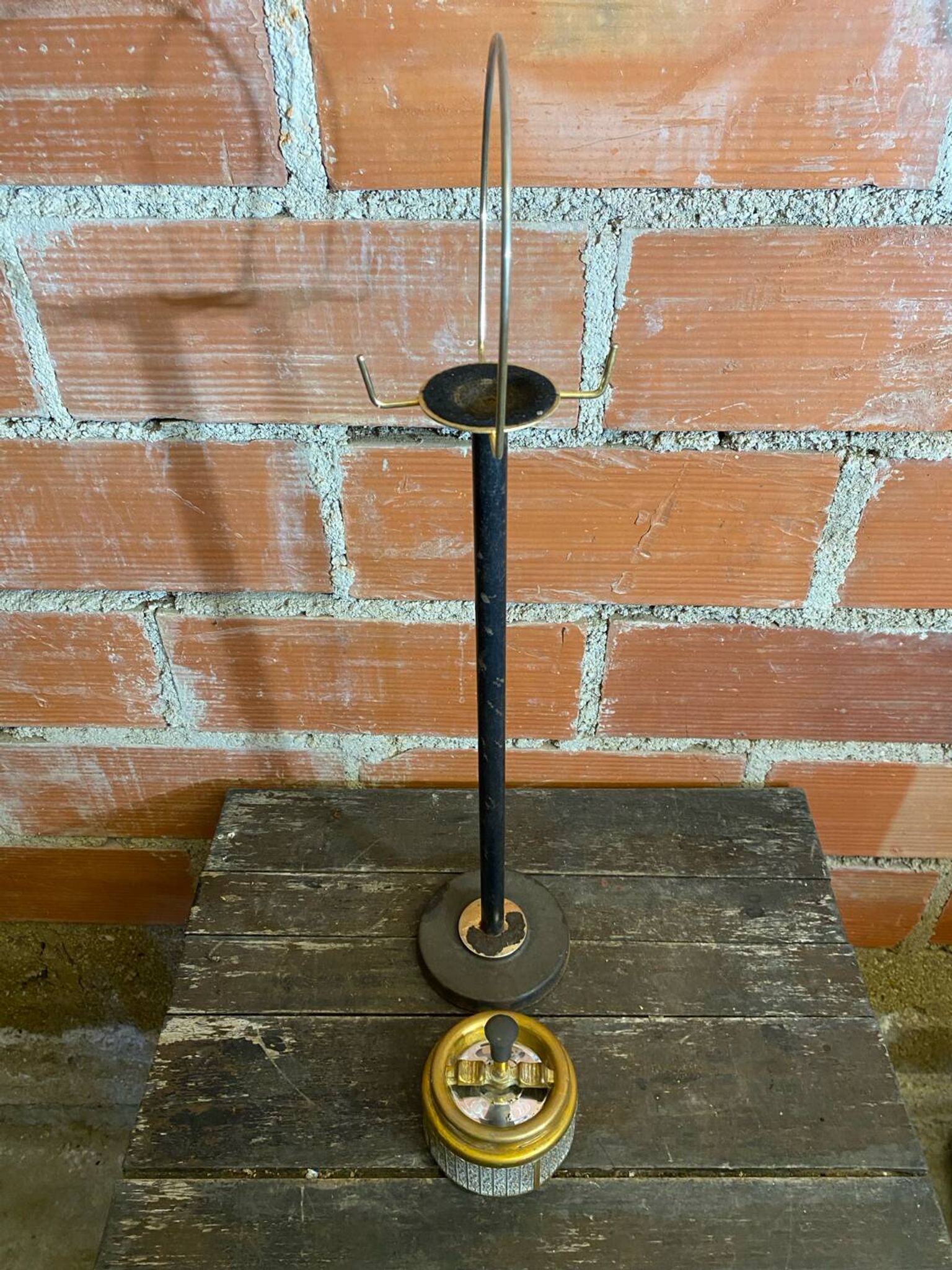 Vintage French Cast Iron Stand Ashtray + Gold Metal Ashtray #D