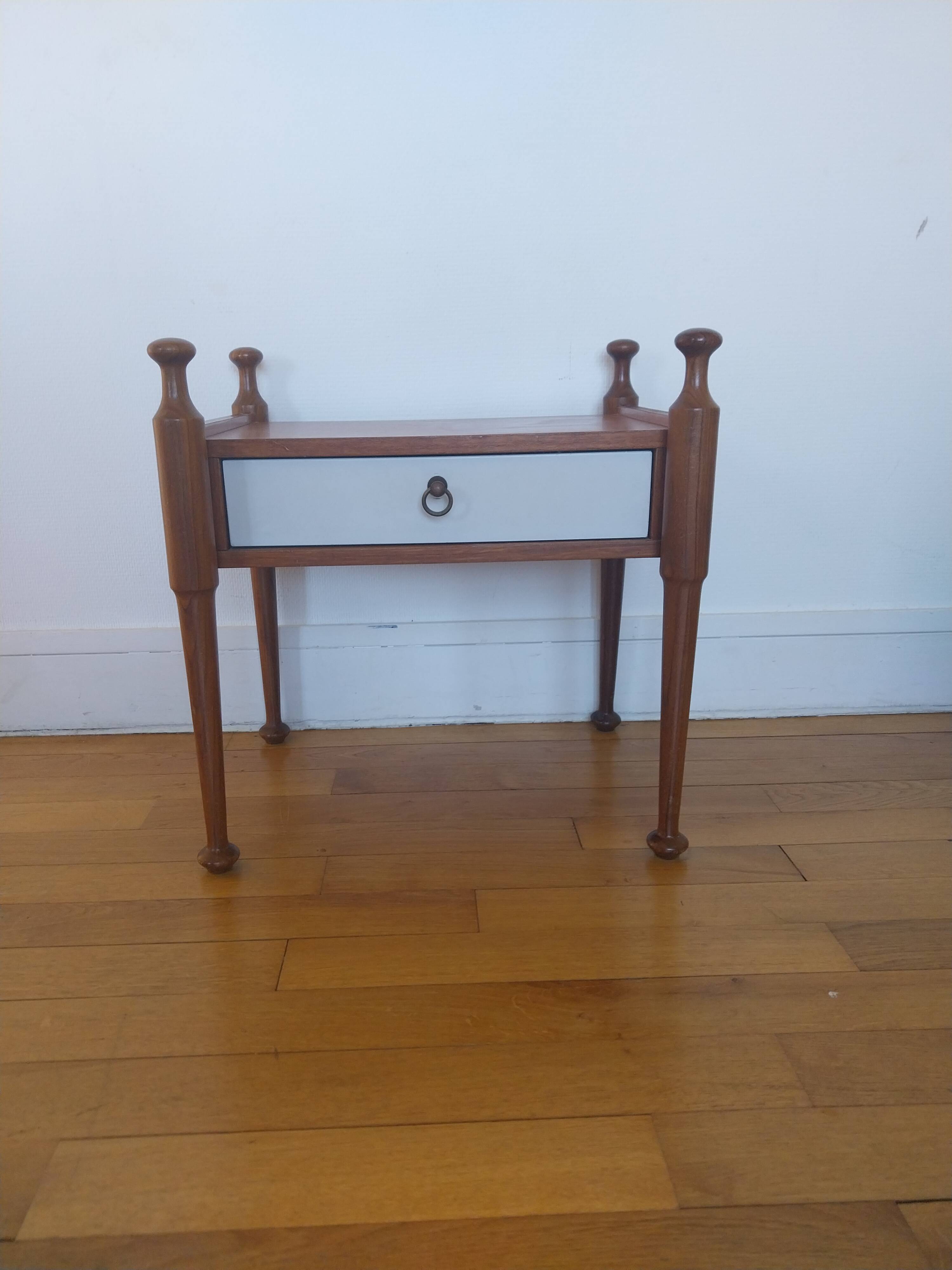 Teak bedside table with a vintage white lacquer drawer, Gautier furniture.