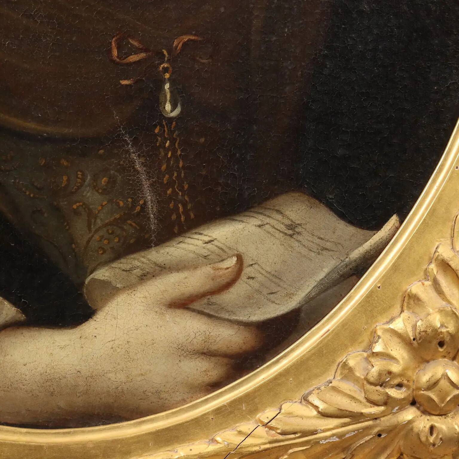 Ancient painting of a woman, oil on canvas, 17th century.