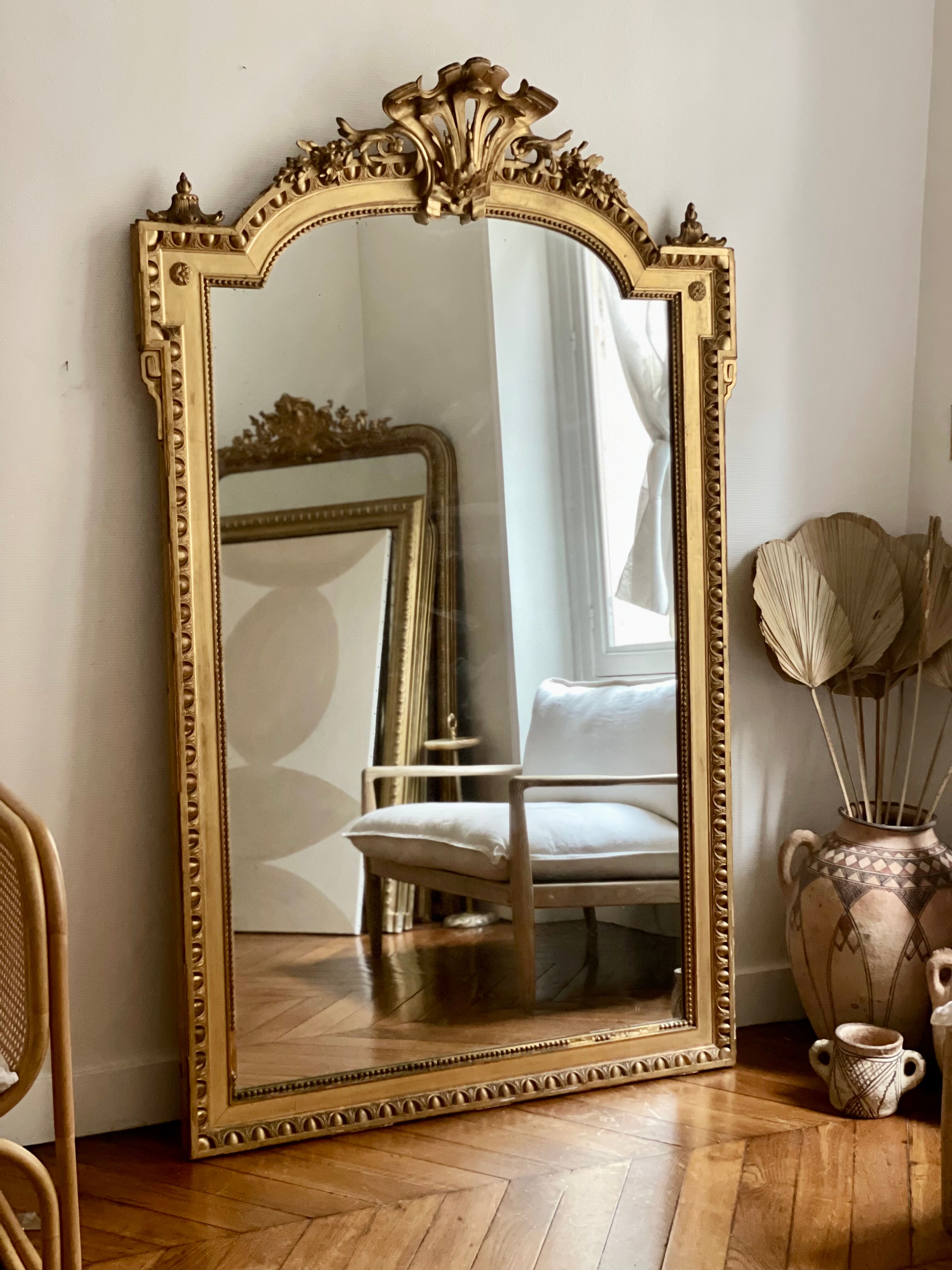 Antique napoleon mirror lll gilded pediment with rare gold leaf 103x182cm