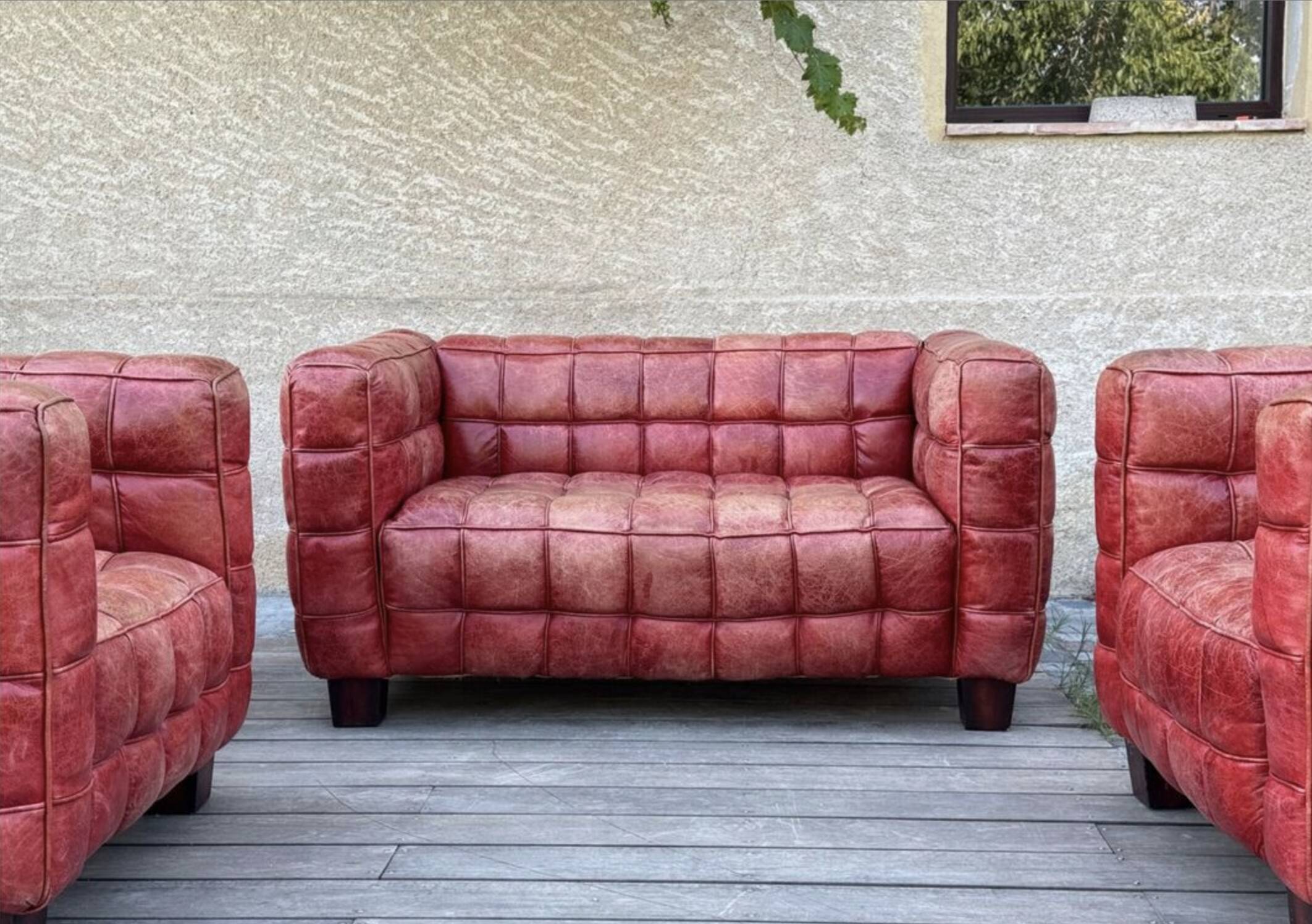 Set of sofas, red leather, 1980s reissue