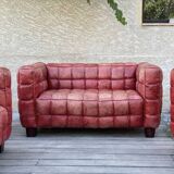 Set of sofas, red leather, 1980s reissue