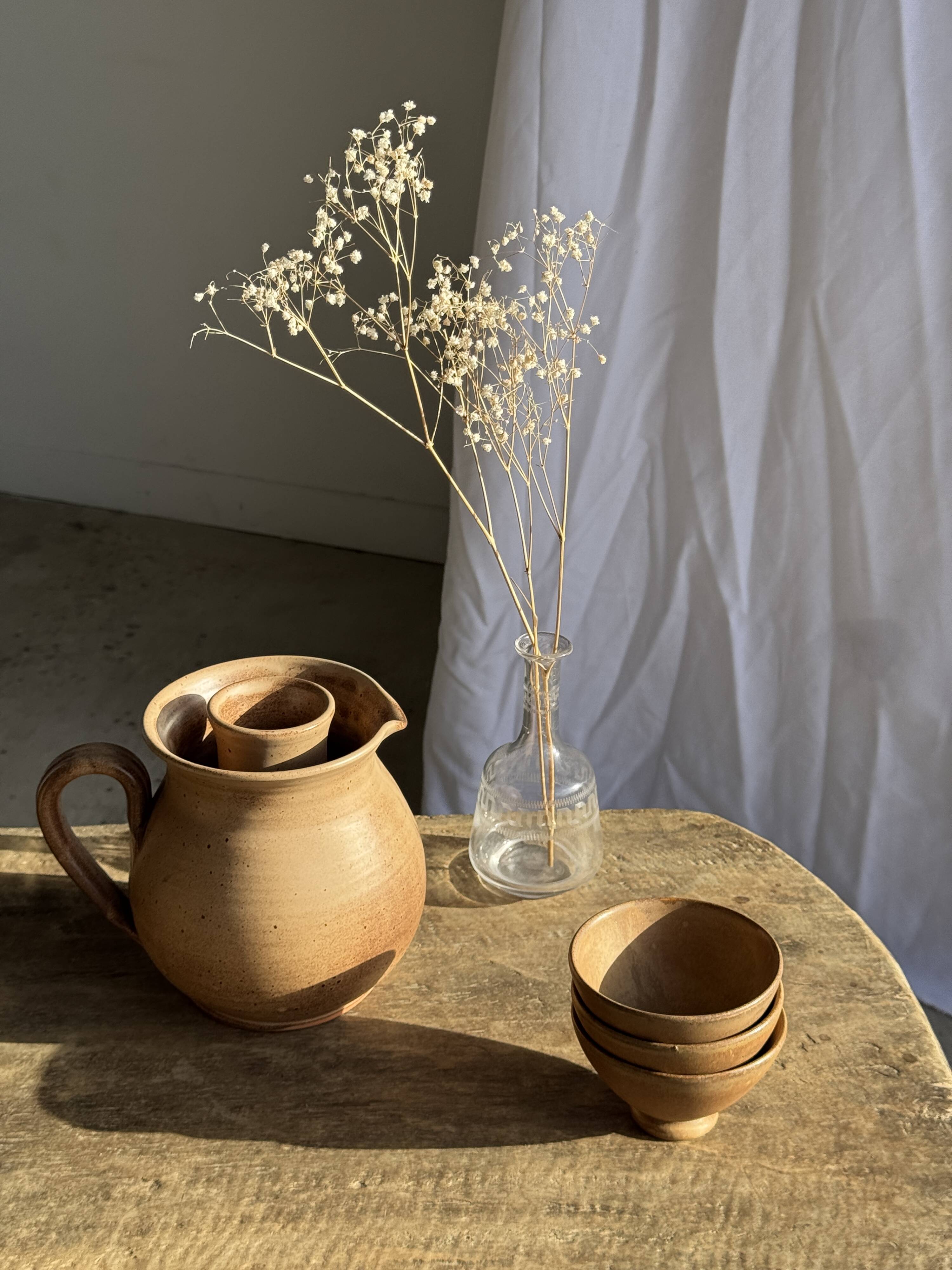 Vintage brutalist stoneware pink wine cooler pitcher H19