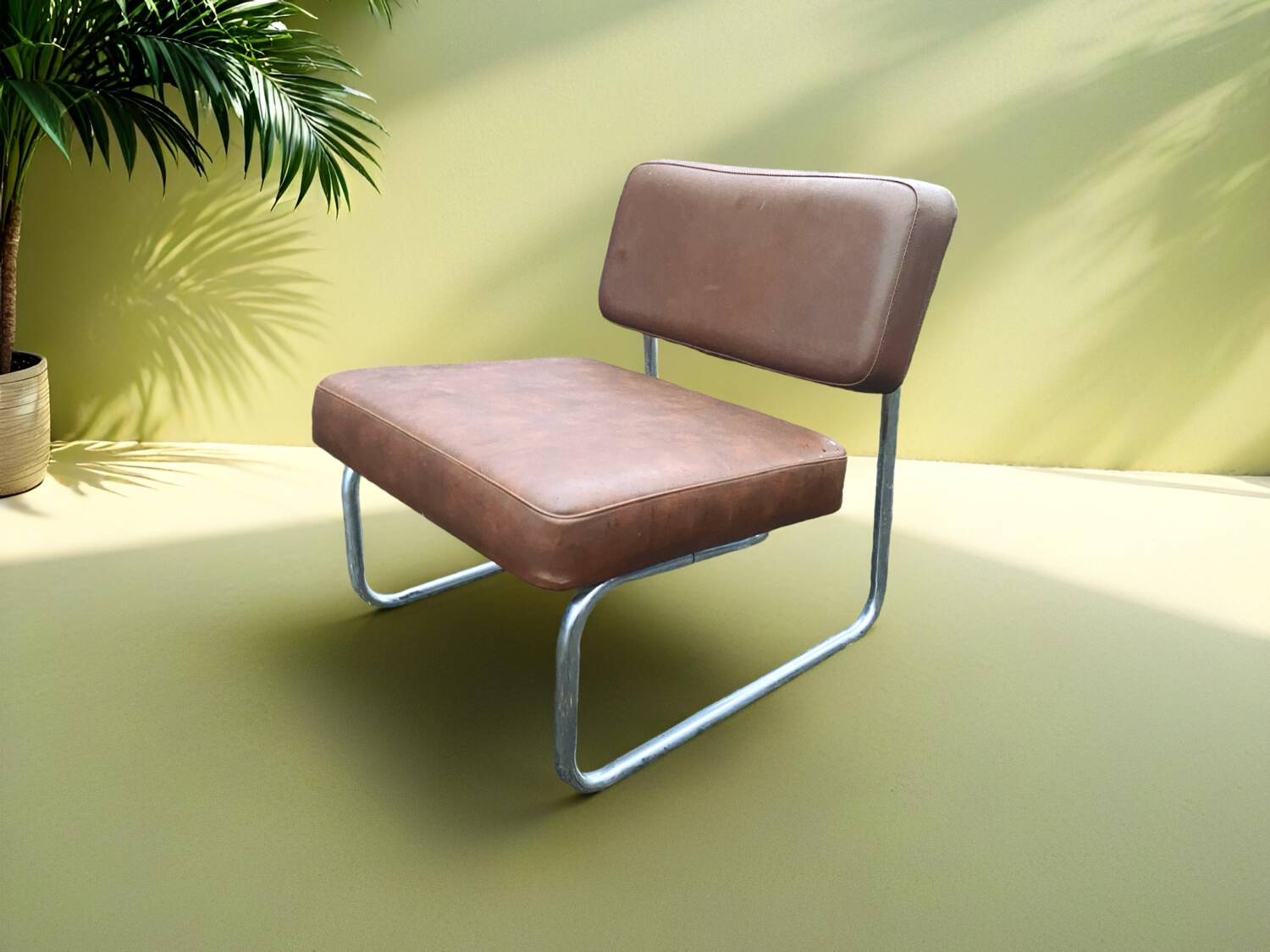 Vintage low cantilever armchair – Brown faux leather & tubular frame