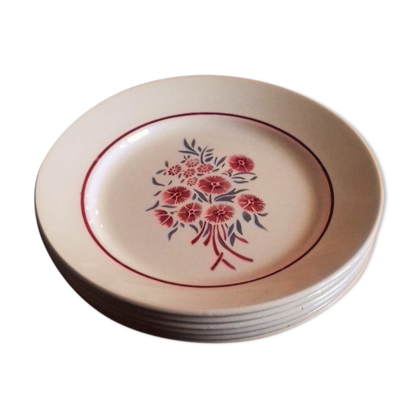 Lot 6 plates flat Badonviller Francine eyelets blue red 1940