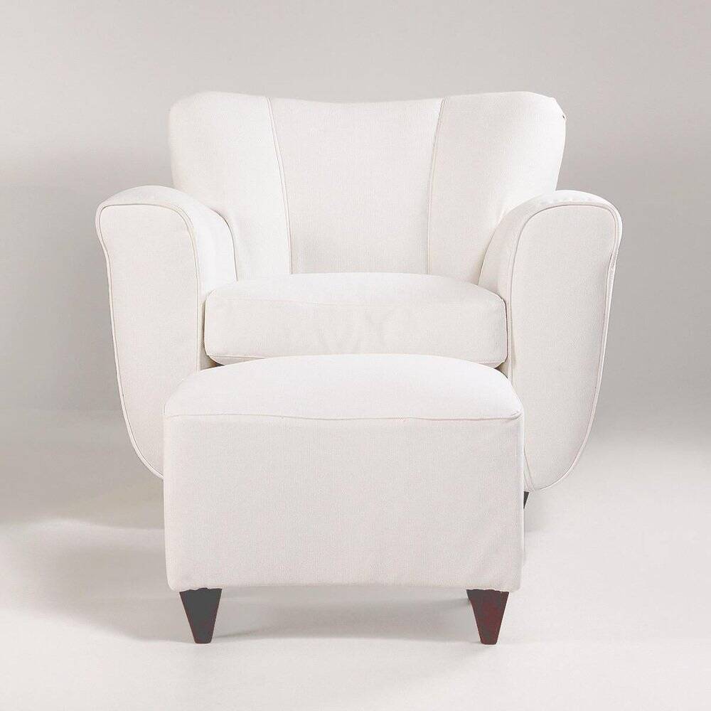 2 sets of Italian armchair with pouf in white fabric, Italy, 1940s