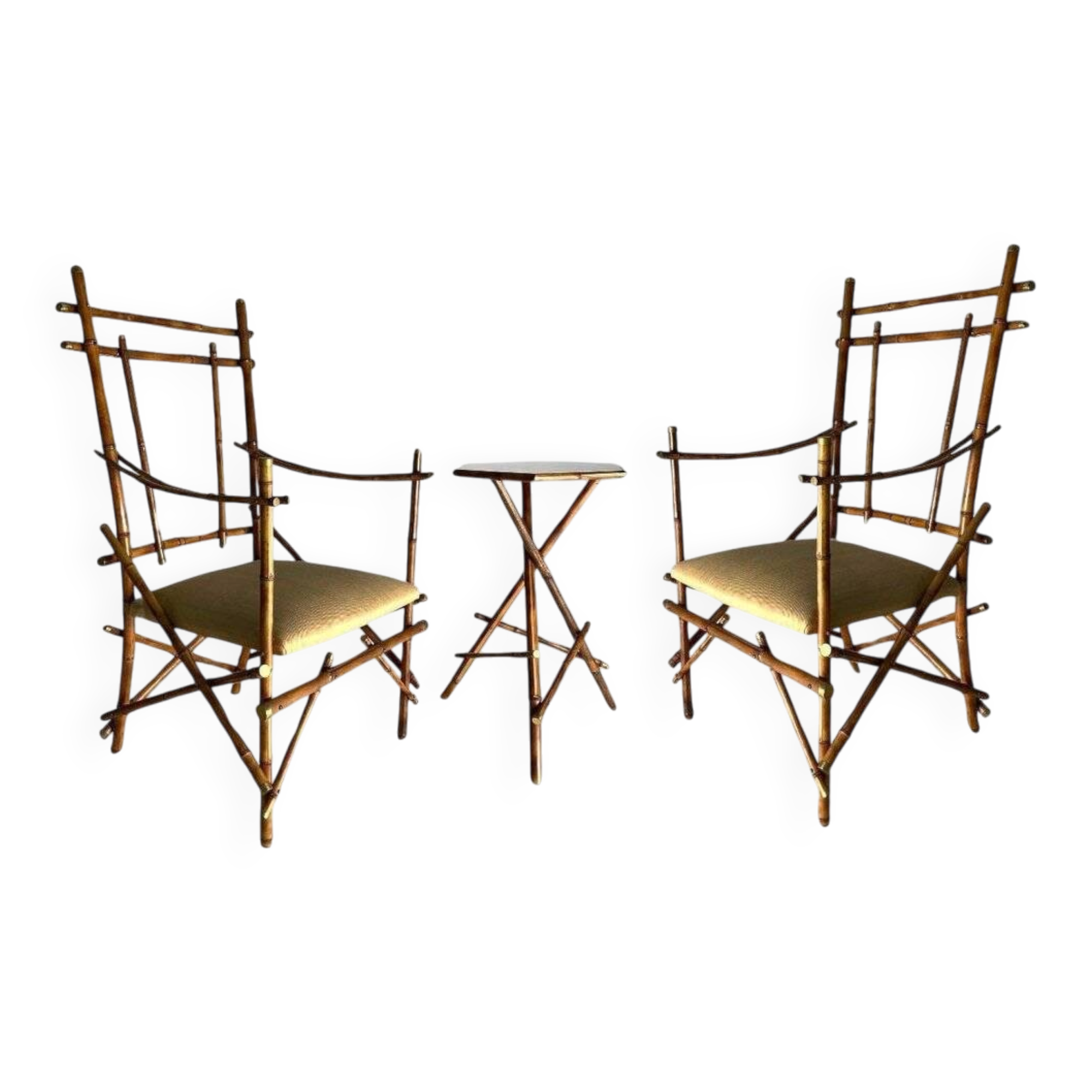 Vintage Italian Armchairs and Coffee Table in Bamboo and Brass by Paolo Traversi, 1970s, Set of 3