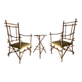 Vintage Italian Armchairs and Coffee Table in Bamboo and Brass by Paolo Traversi, 1970s, Set of 3