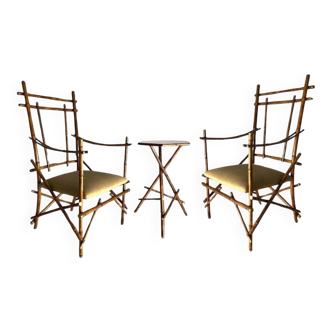 Vintage Italian Armchairs and Coffee Table in Bamboo and Brass by Paolo Traversi, 1970s, Set of 3