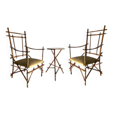 Paire de fauteuils italiens et table basse en bambou et laiton attribués à Paolo Traversi, années 1970