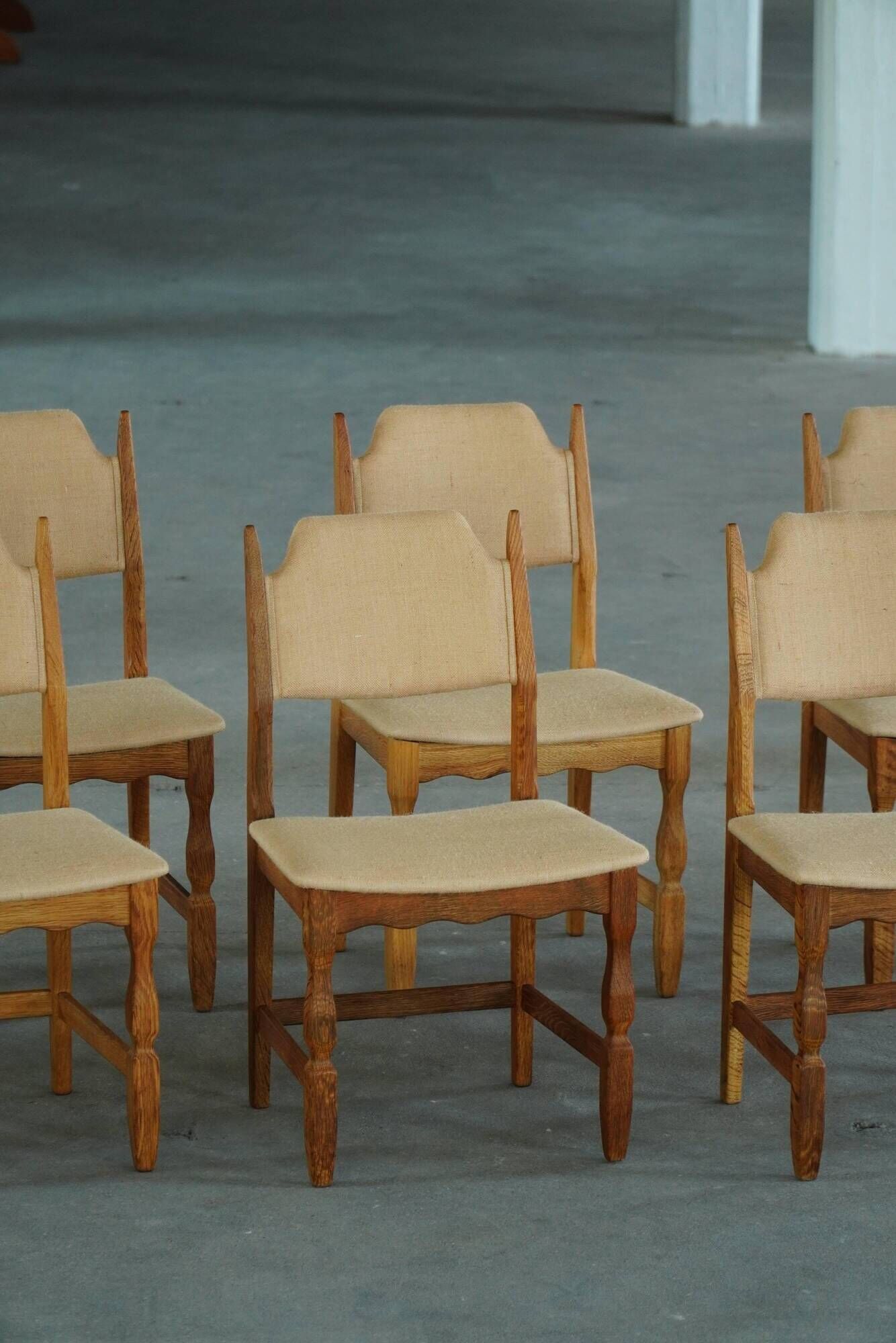 Henning Kjærnulf, set of 8 chairs, Oak and Hessian, Mid Century Modern, 1960s