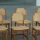 Henning Kjærnulf, set of 8 chairs, Oak and Hessian, Mid Century Modern, 1960s