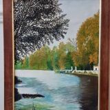 Painting / oil landscape river signed vintage 30x37.5