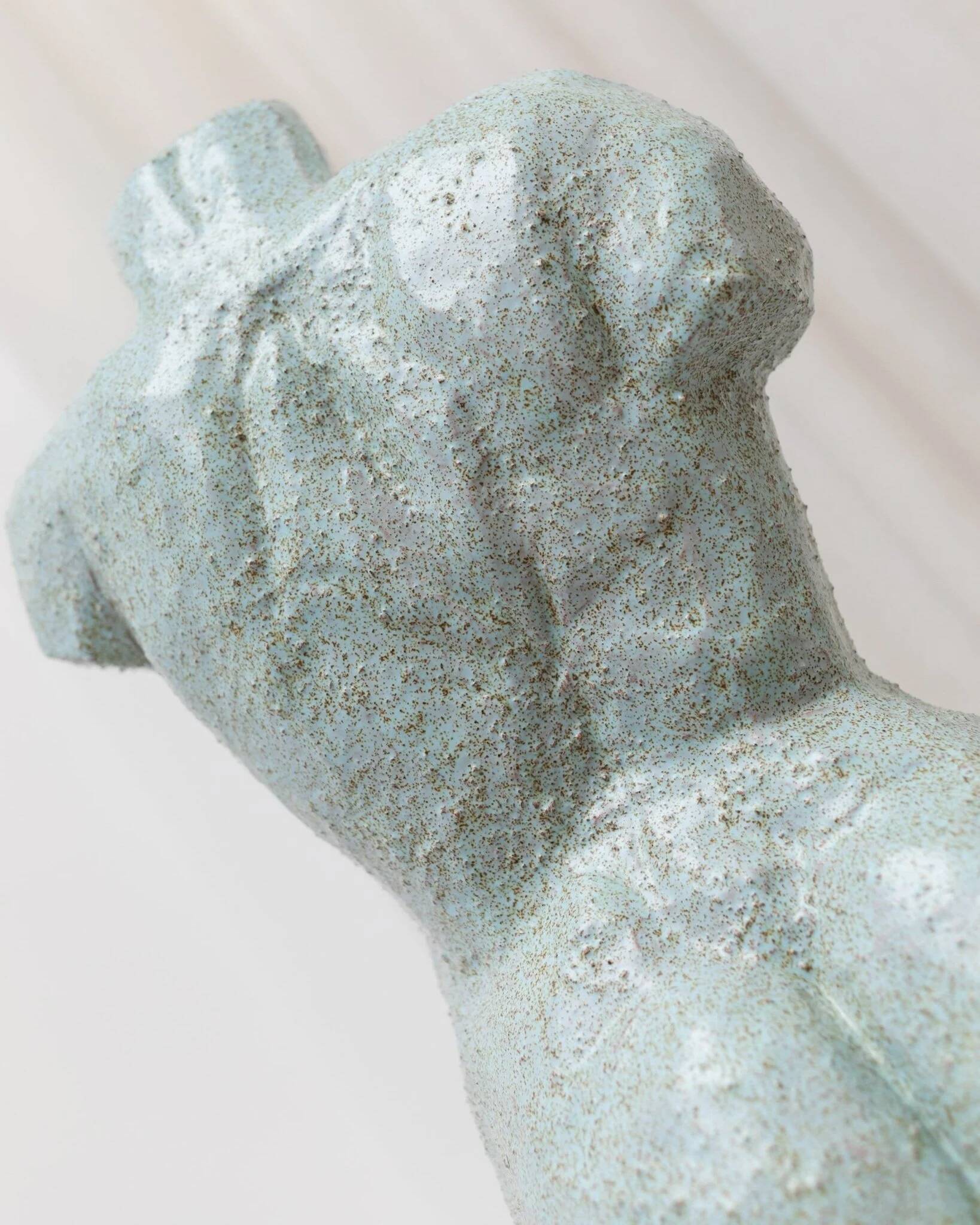 Light blue clay ceramic torso statue – mid-century design sculpture, heavy studio piece
