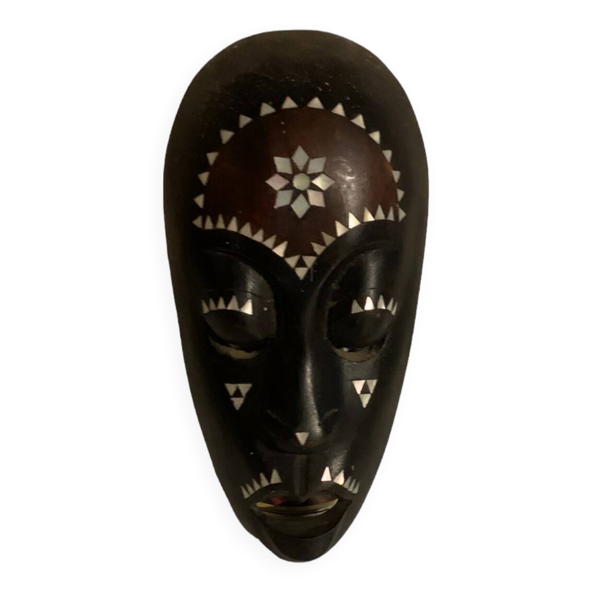 Africa mask in shell wood inlaid Ivory Coast Baoulé African art 1989 old vintage