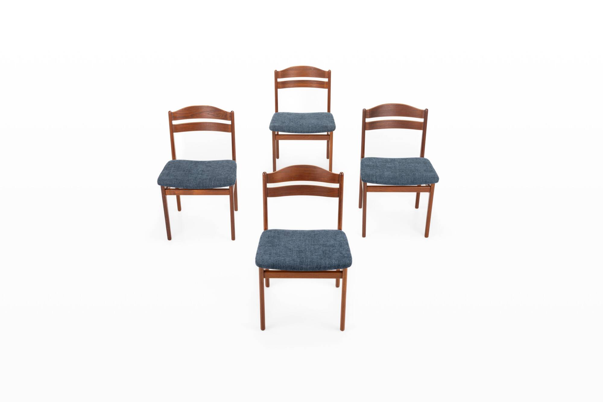 Set of 4 vintage dining chairs in teak and blue fabric