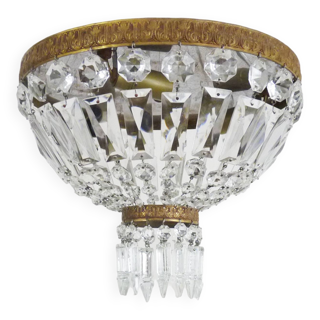 Ancien plafonnier couronne, demi corbeille pampilles en verre. Style Louis  XVI | Selency