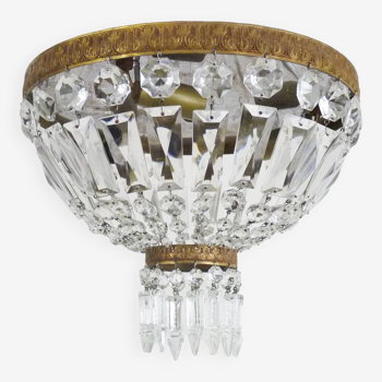 Ancien plafonnier couronne, demi corbeille pampilles en verre. Style Louis XVI