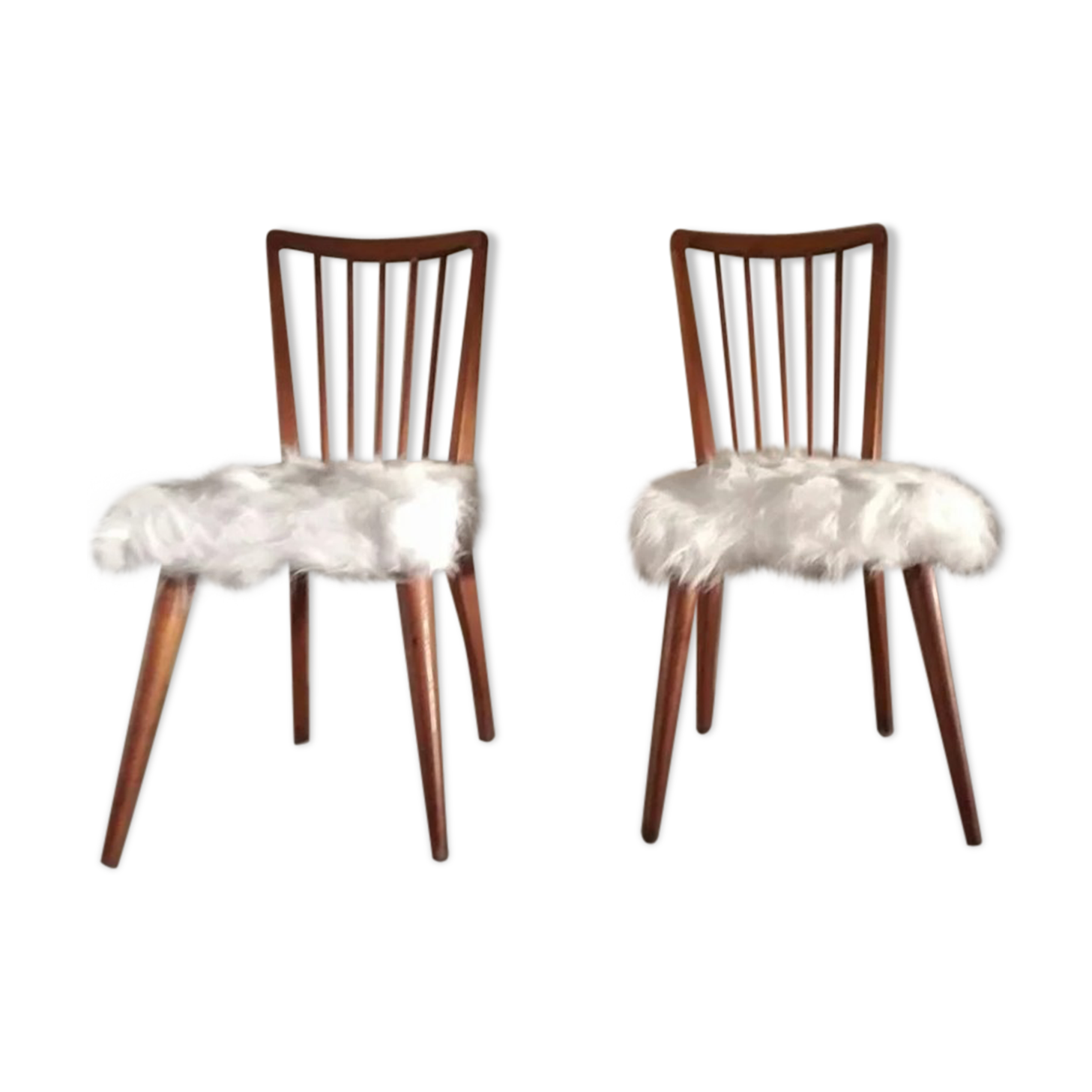 Pair of vintage Scandinavian Hygge chairs in solid wood and synthetic Mongolian sheepskin seat