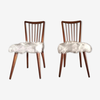 Pair of vintage Scandinavian chairs Hygge solid wood and synthetic Mongolian sheep seat